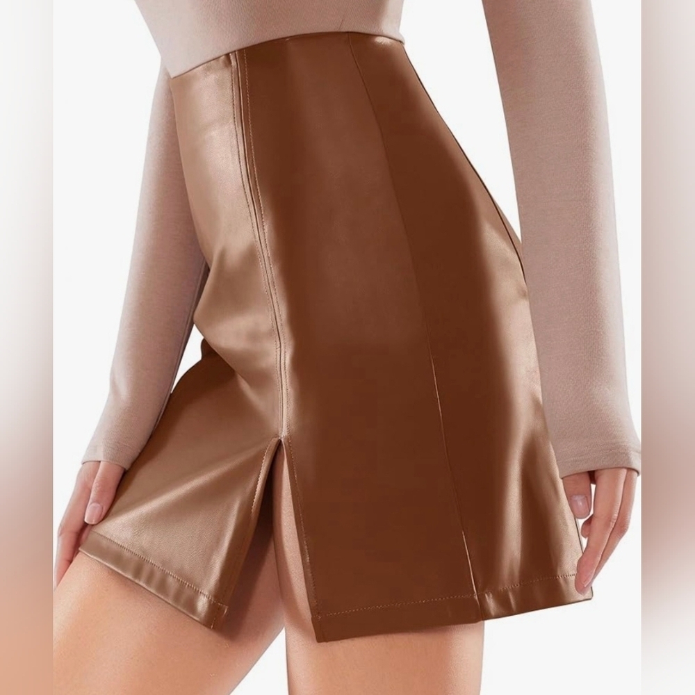 MANGOPOP Womens High Waist Faux Leather Bodycon Mini #504 - Picture 11 of 12